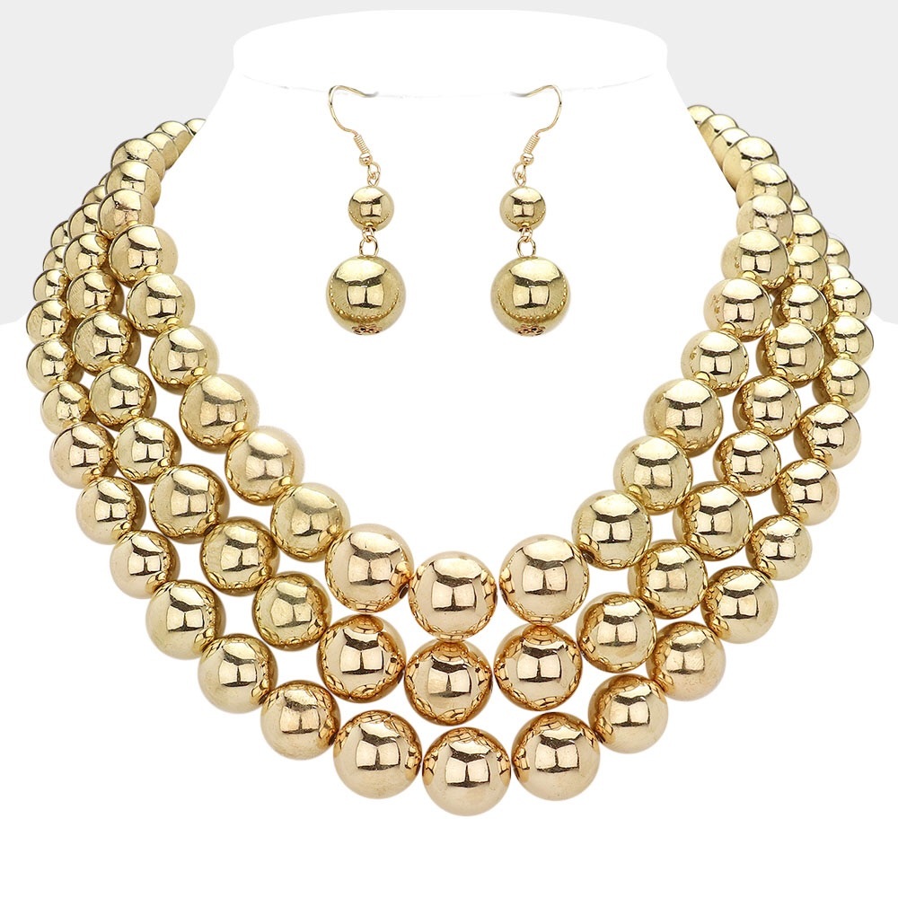 Gold Metal Ball Beaded Triple Layered Statement Necklace